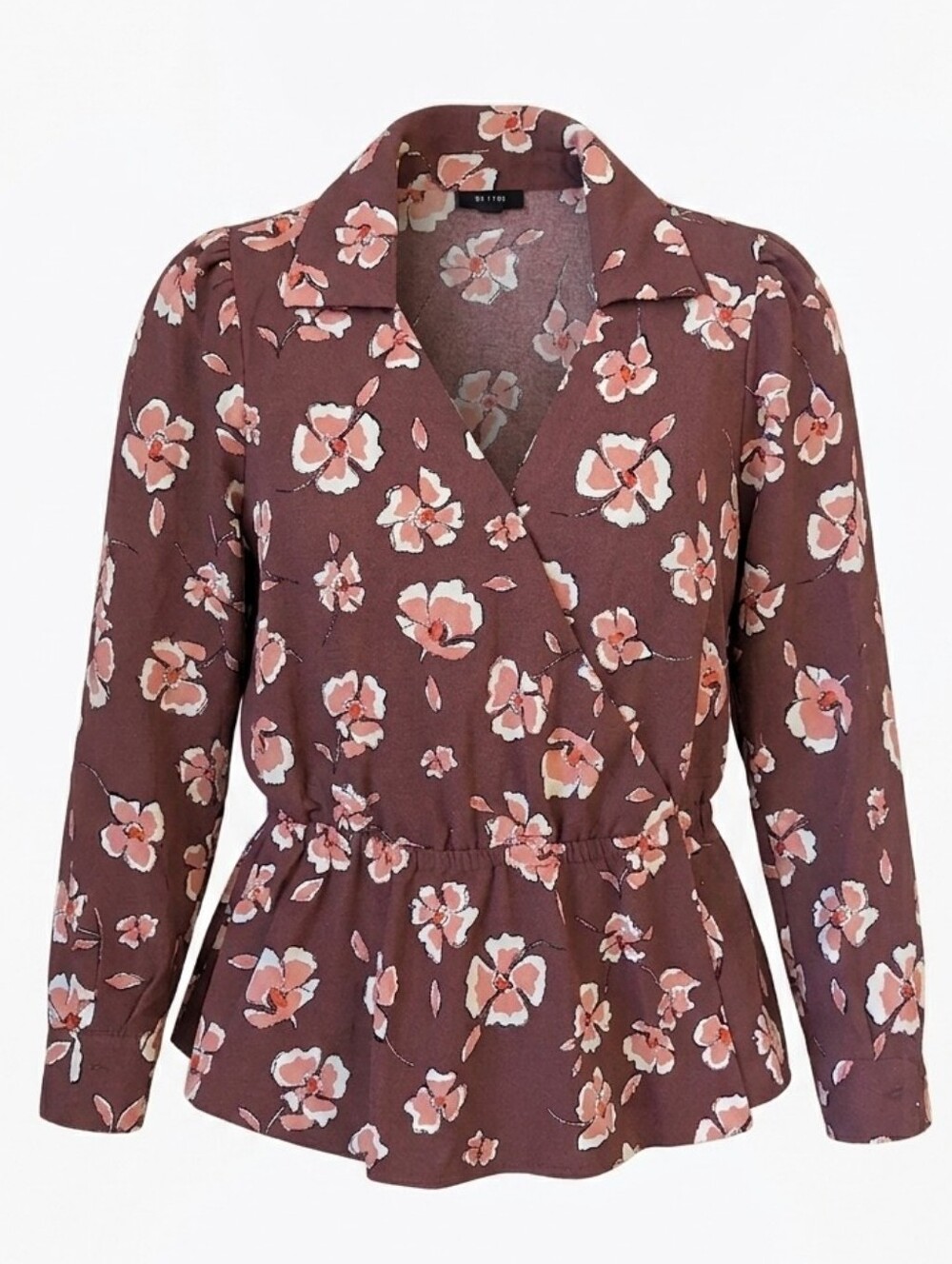 Alfani Brown Pink Floral Collared Long Sleeves V-neck Women's Peplum Top Size 1X